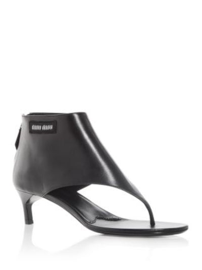 MIU MIU Womens Black Padded Round Toe Kitten Heel Zip-Up Leather Thong Sandals Shoes 38