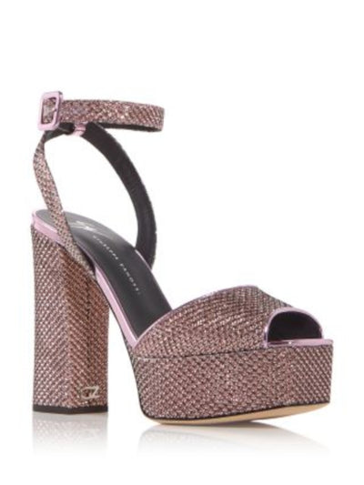 GIUSEPPE ZANOTTI Womens Pink Mixed Media Padded Metallic Glitter Blas Vegas Square Toe Block Heel Buckle Heeled Sandal 38