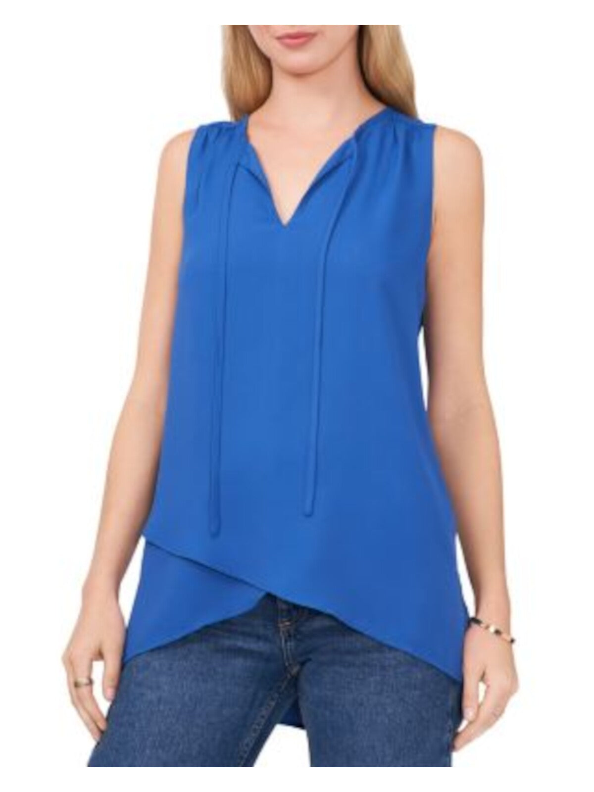 VINCE CAMUTO Womens Blue Tie Overlapping Hem Sleeveless Keyhole Wear To Work Tank Top XXS