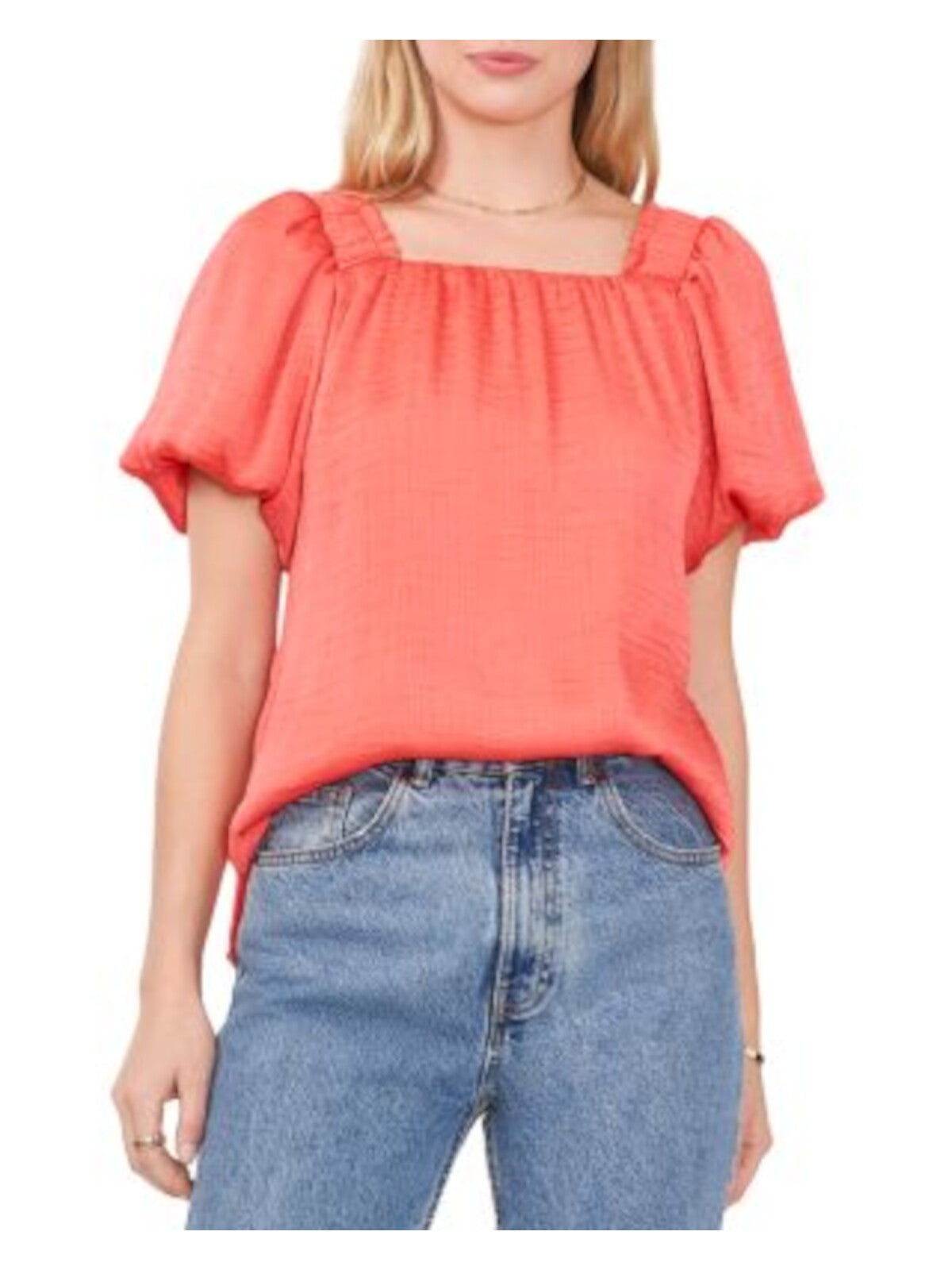 VINCE CAMUTO Womens Coral Textured Lined Ruched Shoulders Split Side Hems Pouf Sleeve Square Neck Top XXL