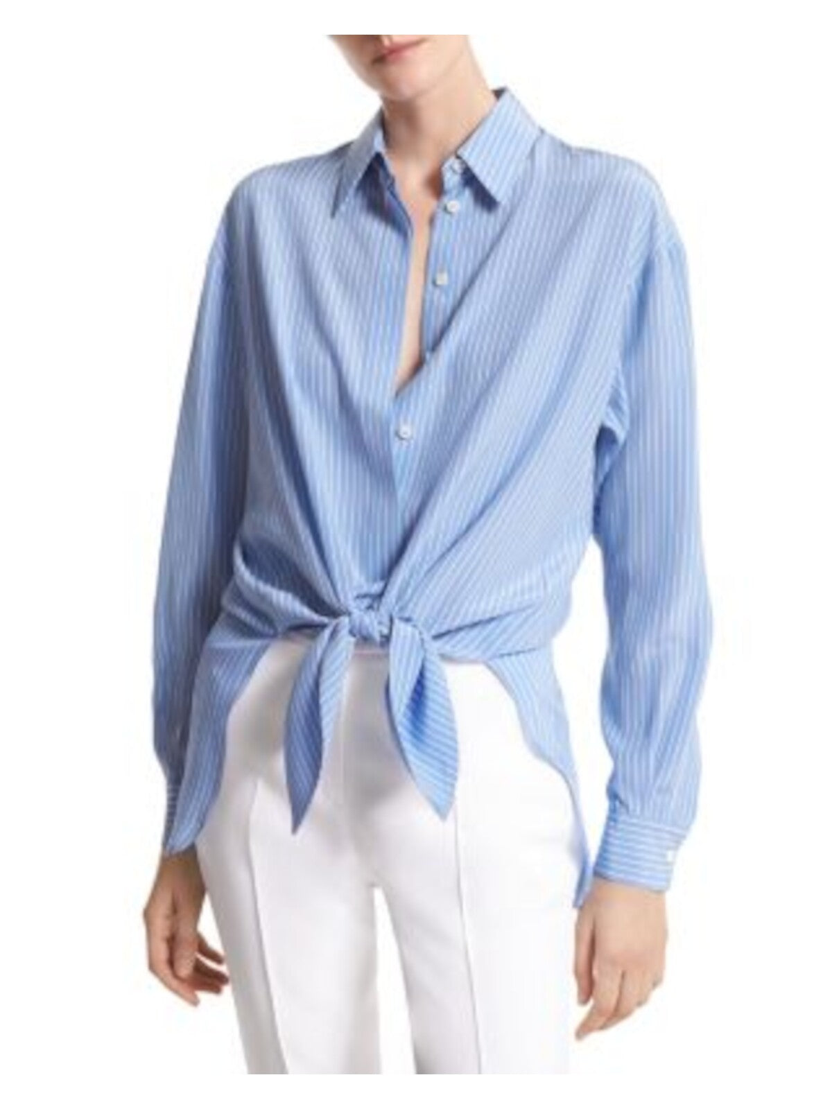 MICHAEL KORS COLLECTION Womens Blue Tie Hi-lo Striped Cuffed Sleeve Collared Blouse 12