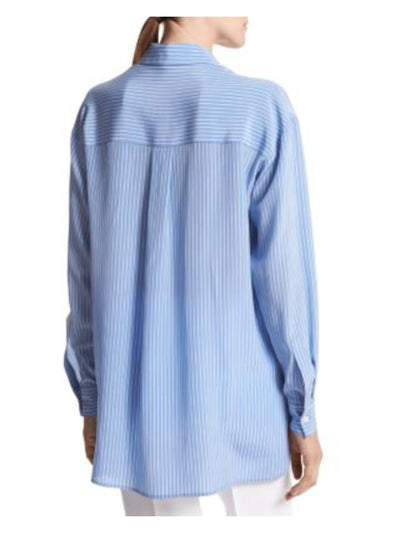 MICHAEL KORS COLLECTION Womens Blue Tie Hi-lo Striped Cuffed Sleeve Collared Blouse 12
