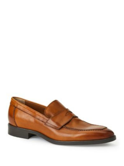 BRUNO MAGLI Mens Brown Antiqued Penny Strap Apron Toe Padded Durante Almond Toe Block Heel Slip On Leather Dress Loafers Shoes 10.5