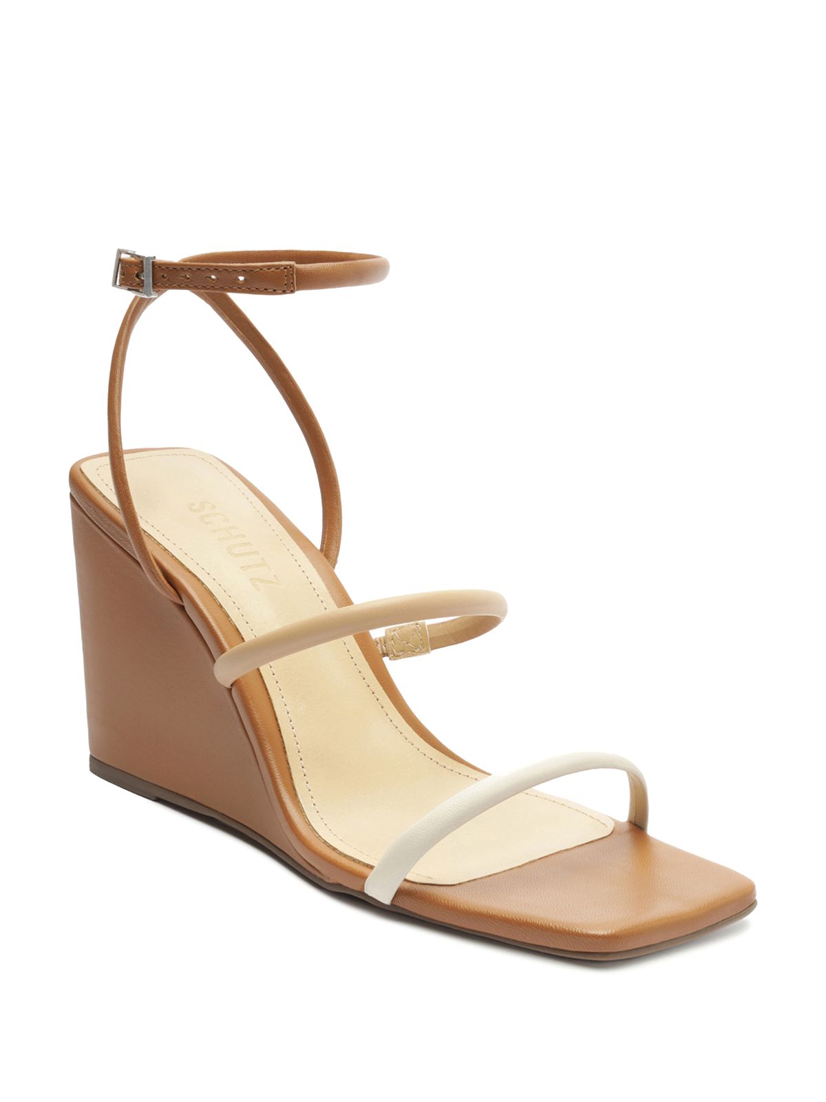 SCHUTZ Womens Beige Ankle Strap Strappy Nylla Square Toe Wedge Buckle Leather Heeled Sandal 8.5 B