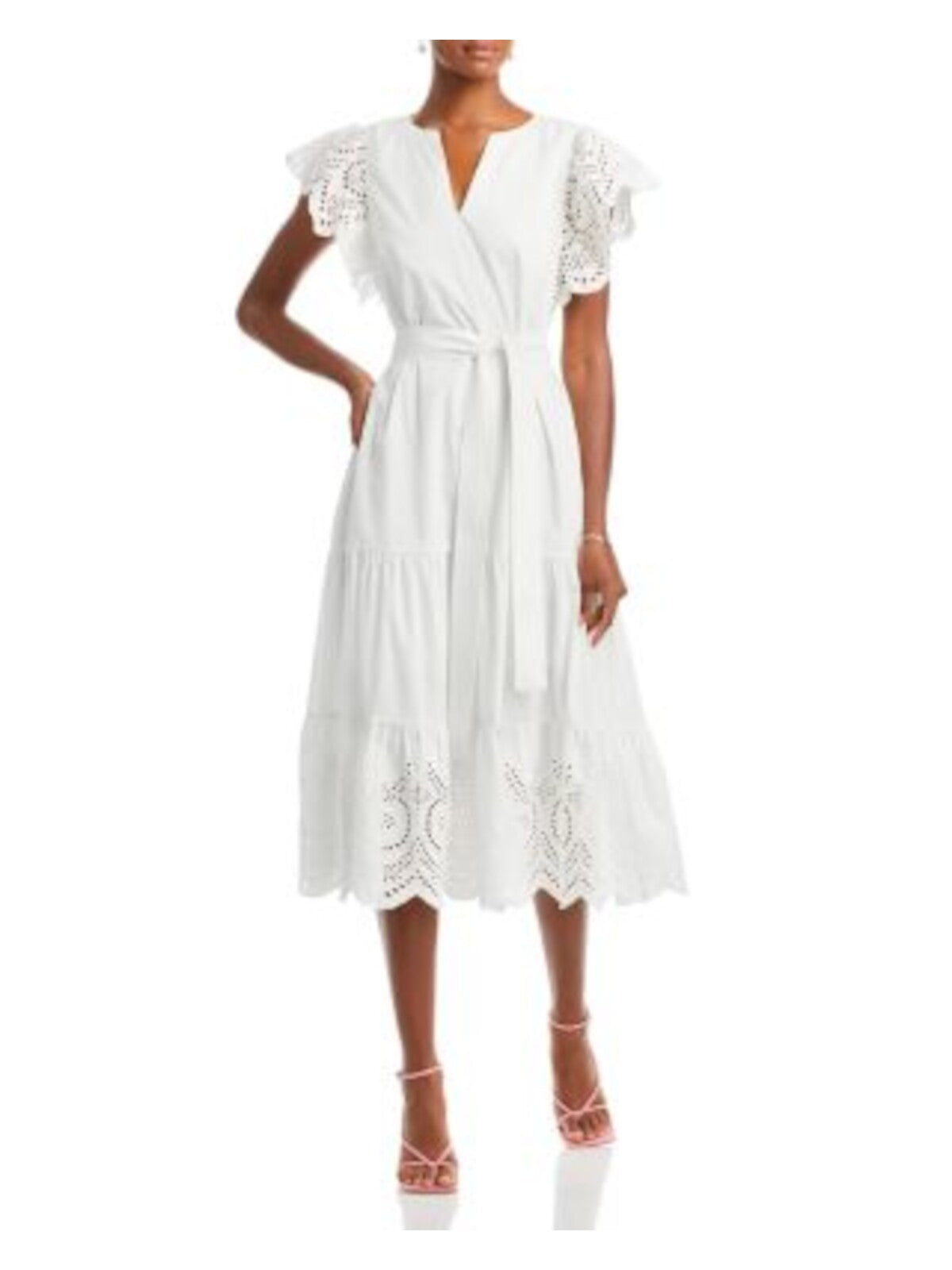 RAILS Womens White Belted Lined Shirred Tiered Skirt Flutter Sleeve V Neck Midi Party Fit + Flare Dress S