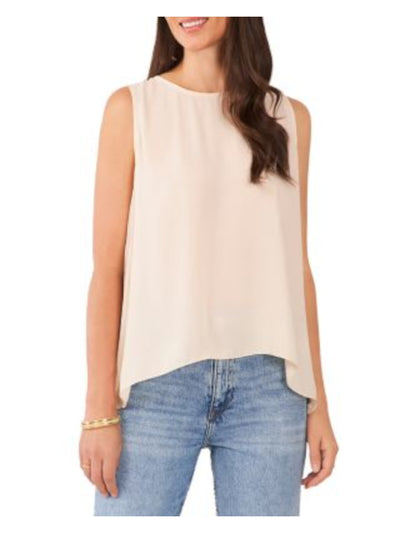VINCE CAMUTO Womens Beige Pleated Buttoned Keyhole Hi-lo Sleeveless Round Neck Top XS