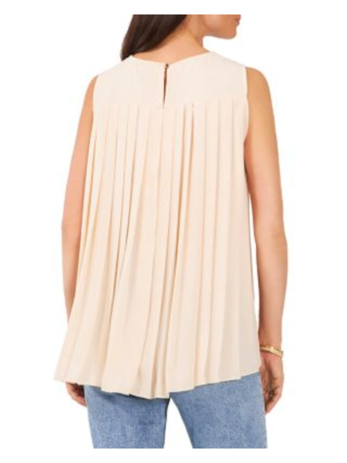 VINCE CAMUTO Womens Beige Pleated Buttoned Keyhole Hi-lo Sleeveless Round Neck Top XS