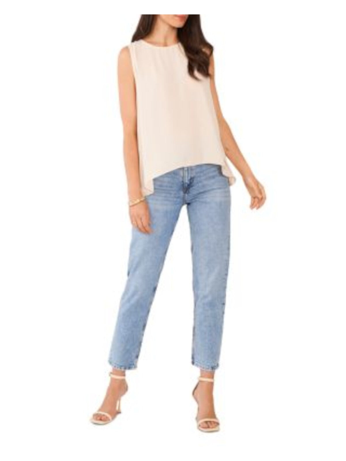 VINCE CAMUTO Womens Beige Pleated Buttoned Keyhole Hi-lo Sleeveless Round Neck Top XS