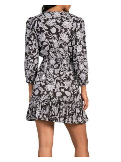 ELAN Womens Black Cut Out Tie Front Flounce Hem Pullover E Floral 3/4 Sleeve V Neck Short Fit + Flare Dress XS