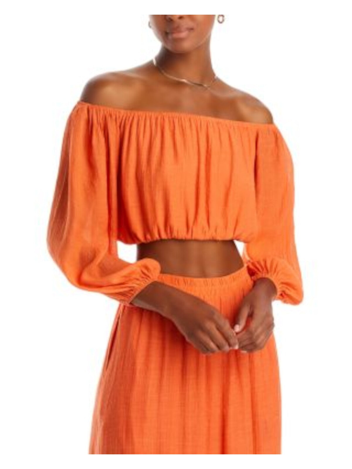LUCY PARIS Womens Pleated 3/4 Sleeve Strapless Elastic Hem Crop Top