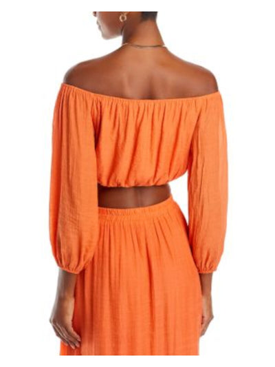 LUCY PARIS Womens Pleated 3/4 Sleeve Strapless Elastic Hem Crop Top