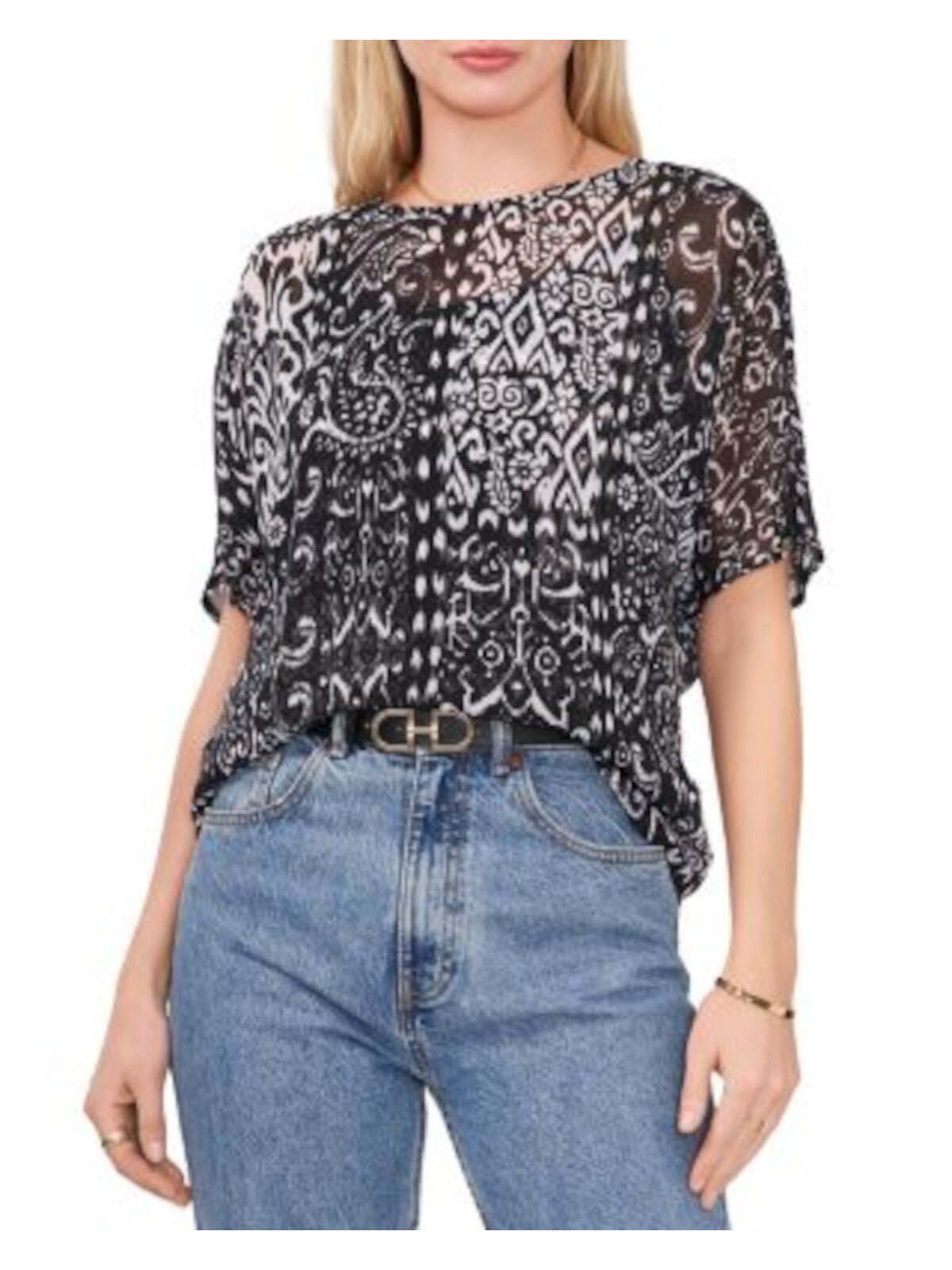 VINCE CAMUTO Womens Black Lined Back Keyhole Slight Hi-lo Hem Printed Elbow Sleeve Crew Neck Top XXS