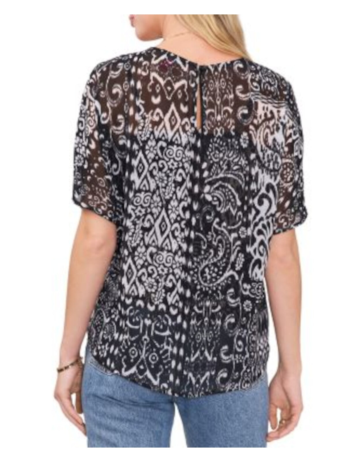 VINCE CAMUTO Womens Black Lined Back Keyhole Slight Hi-lo Hem Printed Elbow Sleeve Crew Neck Top XS