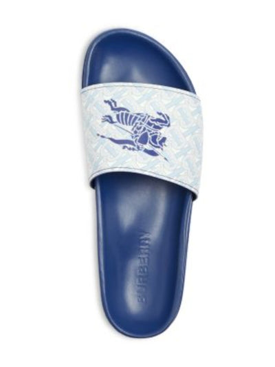 BURBERRY Mens Blue Logo Contoured Footbed Padded Melory Open Toe Slip On Leather Slide Sandals Shoes 42