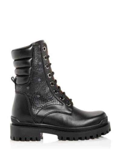 MCM Womens Black Mixed Media Heel Pull-Tab Padded Visetos Round Toe Block Heel Lace-Up Leather Combat Boots 38