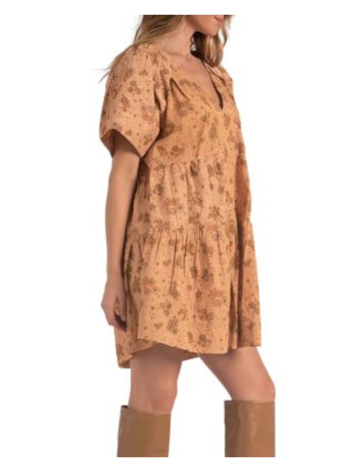 ELAN Womens Orange Printed Short Sleeve V Neck Mini Shift Dress S