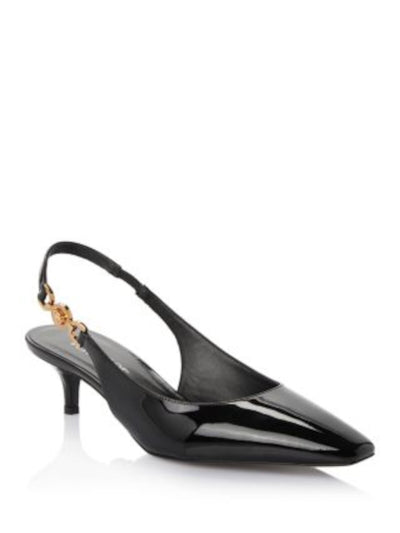 VERSACE Womens Black Metallic Accent Strap Goring Padded Square Toe Kitten Heel Slip On Leather Dress Slingback 38.5