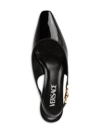VERSACE Womens Black Metallic Accent Strap Goring Padded Square Toe Kitten Heel Slip On Leather Dress Slingback 40