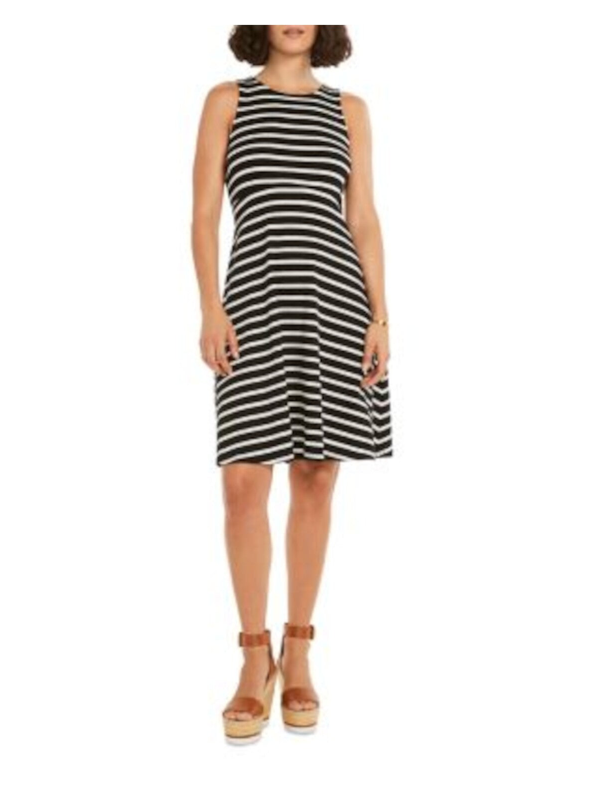 NIC+ZOE Womens Black Stretch Ribbed Pullover Striped Sleeveless Round Neck Above The Knee Fit + Flare Dress S