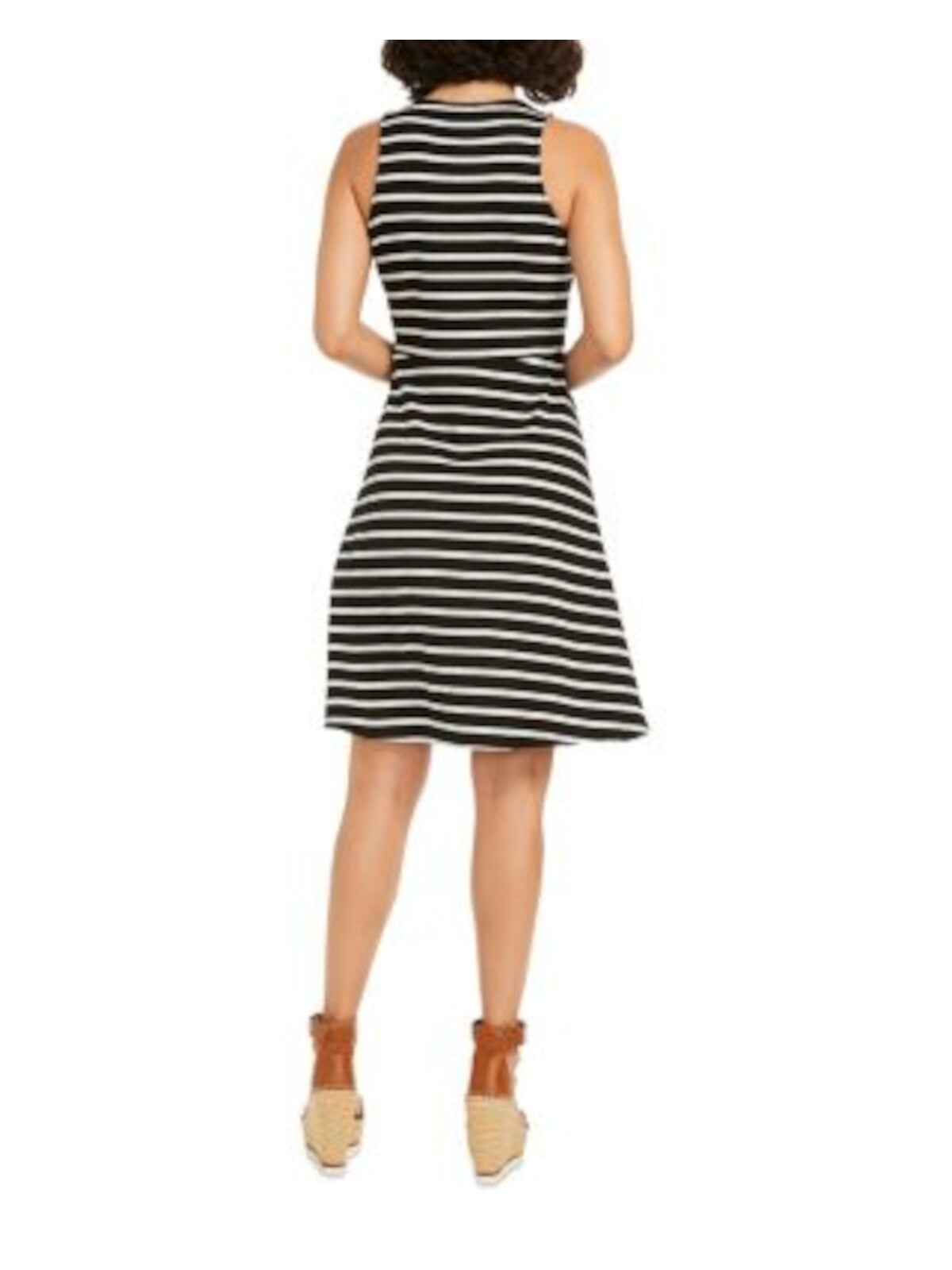 NIC+ZOE Womens Black Stretch Ribbed Pullover Striped Sleeveless Round Neck Above The Knee Fit + Flare Dress S