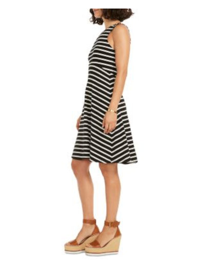 NIC+ZOE Womens Black Stretch Ribbed Pullover Striped Sleeveless Round Neck Above The Knee Fit + Flare Dress S