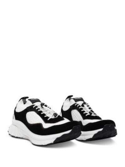 P448 Womens Black Mixed Media Heel Pull-Tab Stretch Logo Padded Lightning Round Toe Wedge Sneakers Shoes 37