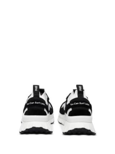 P448 Womens Black Mixed Media Heel Pull-Tab Stretch Logo Padded Lightning Round Toe Wedge Sneakers Shoes 37