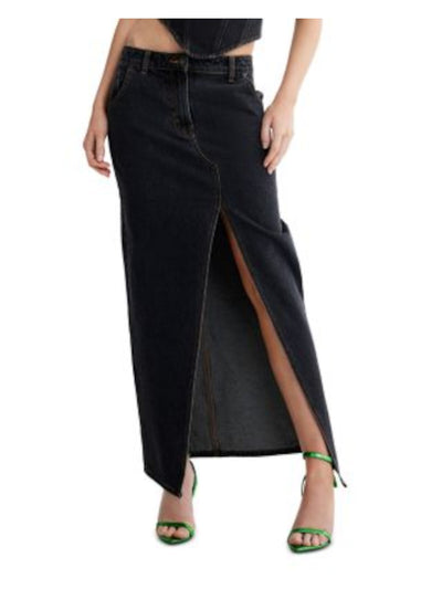 LIONESS Womens Gray Denim Zippered Pocketed Belt Loops Slitted Contrast Stit Full-Length Pencil Skirt XS