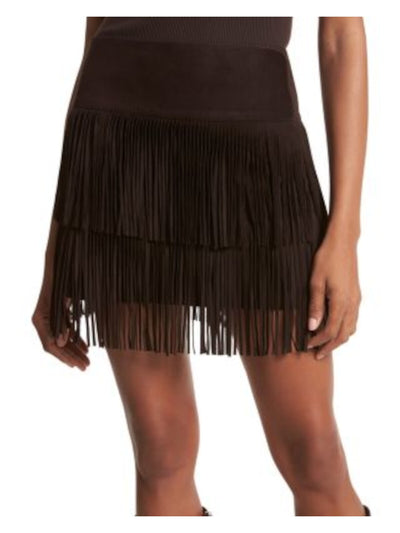 MICHAEL KORS COLLECTION Womens Brown Fringed Zippered Wide Waistband Mini Party A-Line Skirt 4