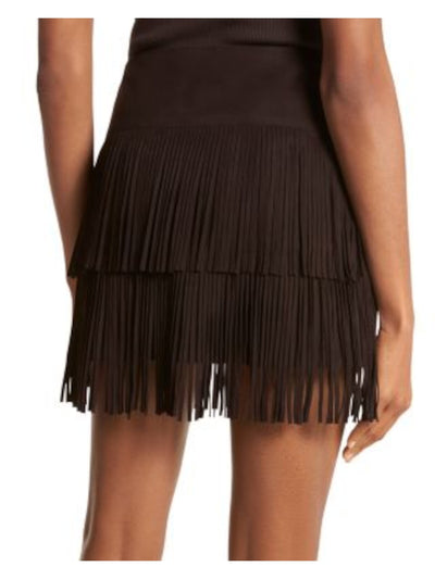 MICHAEL KORS COLLECTION Womens Brown Fringed Zippered Wide Waistband Mini Party A-Line Skirt 4