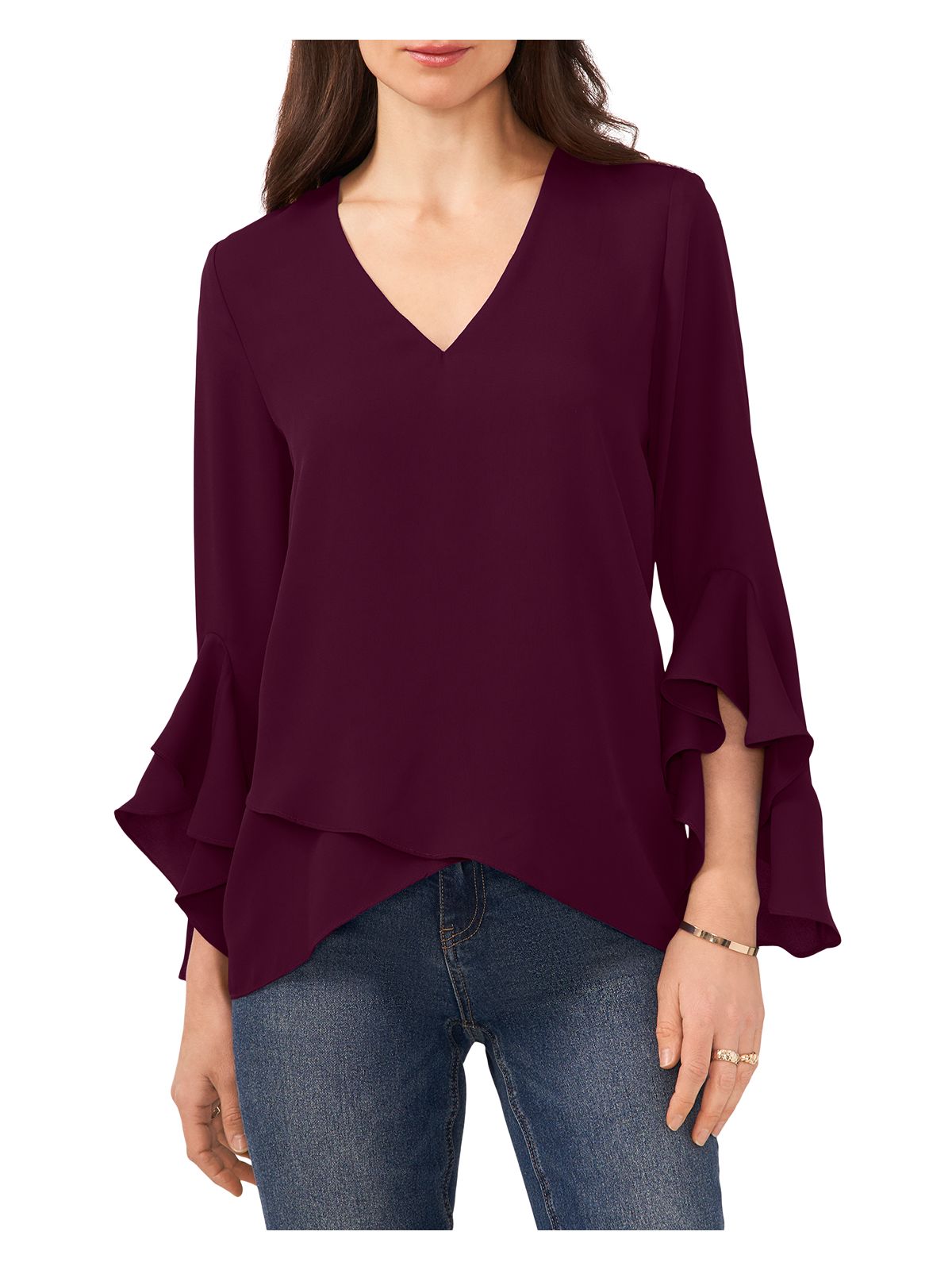 VINCE CAMUTO Womens Burgundy Gathered Flutter Sleeve V Neck Tunic Top S