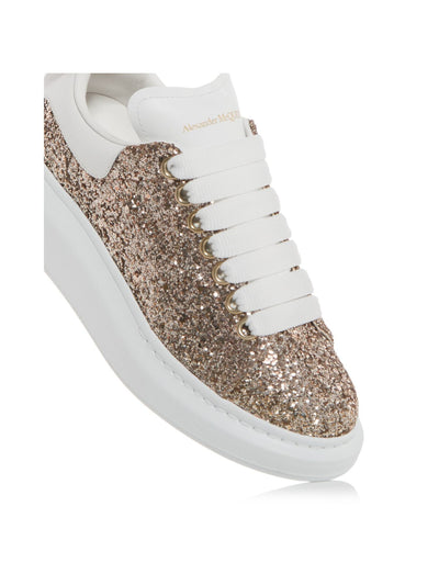 ALEXANDER MCQUEEN Womens Orange Glitter-Embellished 1-1/2" Platform Padded Round Toe Wedge Lace-Up Sneakers Shoes 37