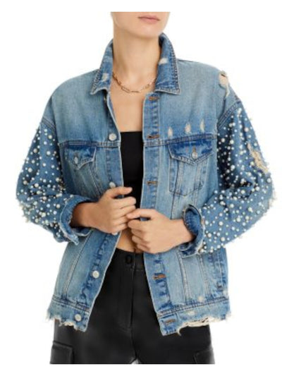 SUNSET & SPRING Womens Blue Beaded Pocketed Button Front Adjustable Button Denim Jacket S