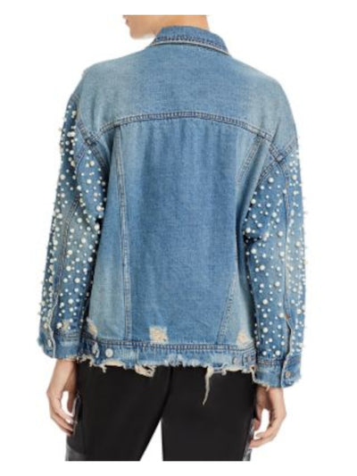 SUNSET & SPRING Womens Blue Beaded Pocketed Button Front Adjustable Button Denim Jacket S