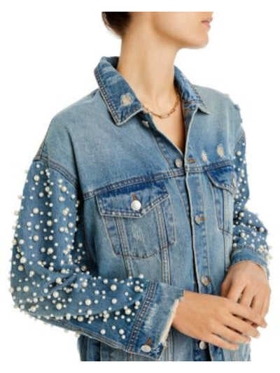 SUNSET & SPRING Womens Blue Beaded Pocketed Button Front Adjustable Button Denim Jacket S