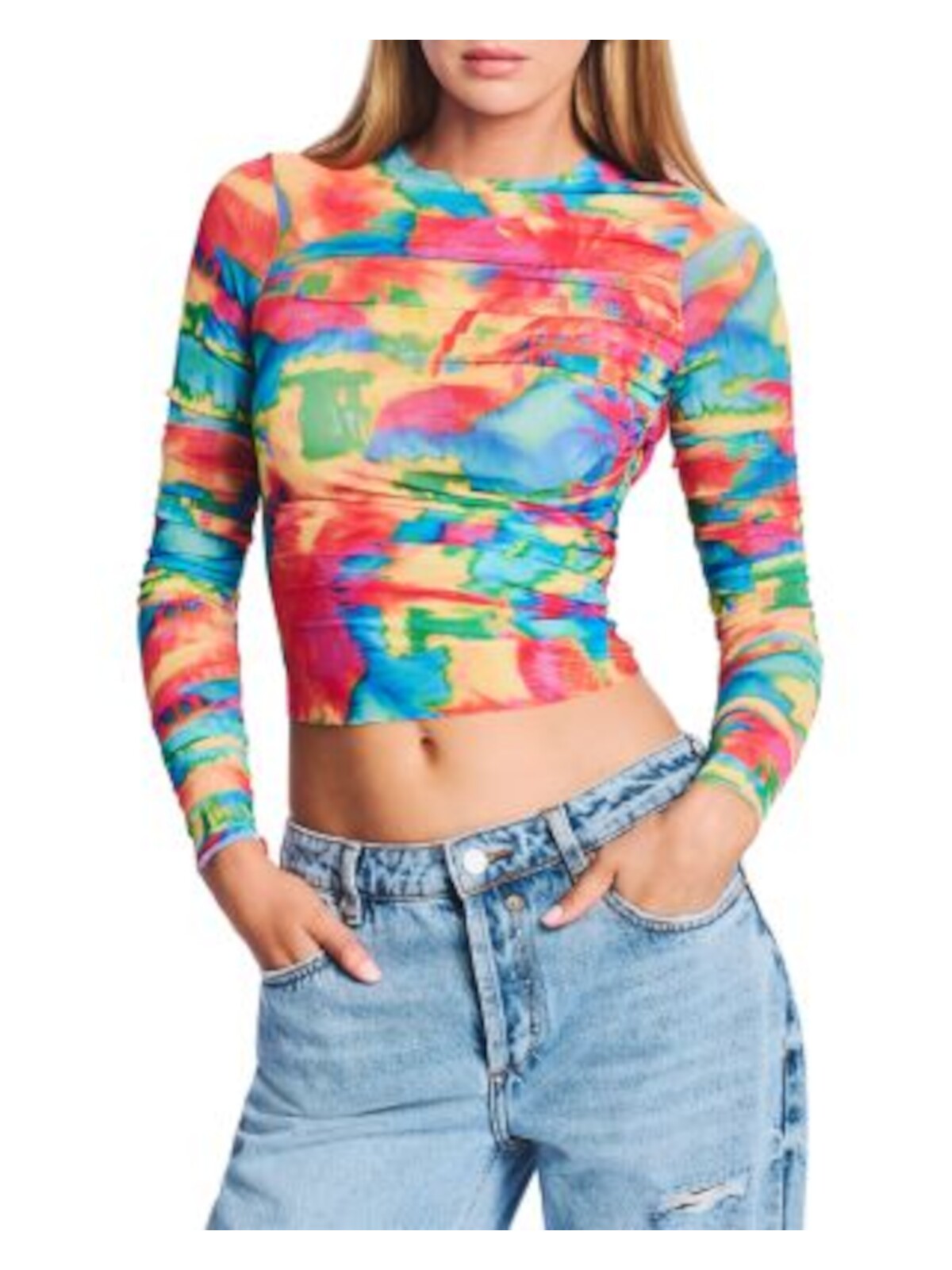 SER.O.YA Womens Red Ruched Fitted Printed Long Sleeve Crew Neck Crop Top XS