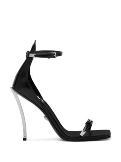 VERSACE Womens Black Adjustable Toe Strap Ankle Strap Padded Square Toe Sculpted Heel Buckle Leather Heeled Sandal 38