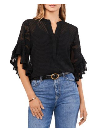 VINCE CAMUTO Womens Black Ruffled Sheer Pintuck Trim 3/4 Sleeve Split Wear To Work Blouse XXS