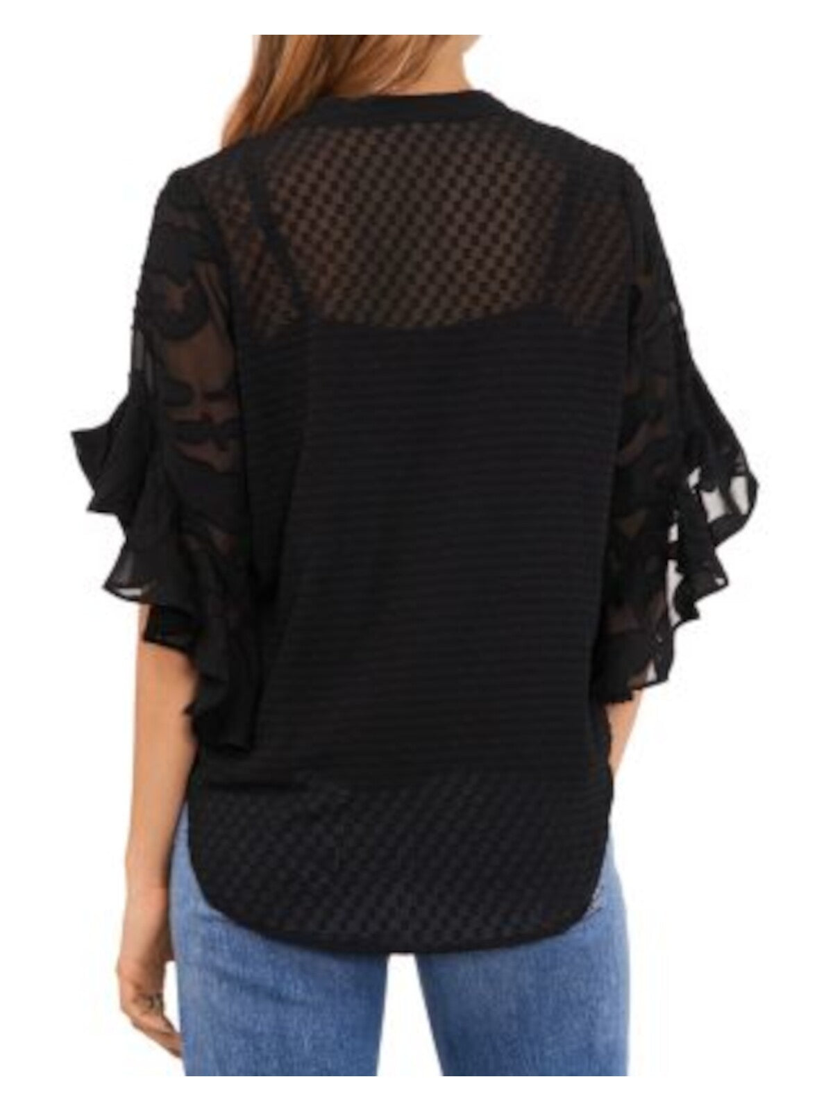 VINCE CAMUTO Womens Black Ruffled Sheer Pintuck Trim 3/4 Sleeve Split Wear To Work Blouse XXS