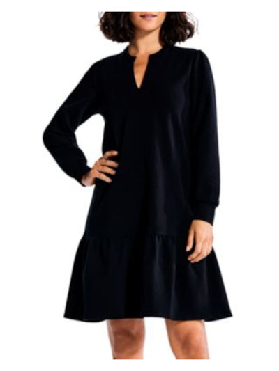 NIC+ZOE Womens Black Unlined Flounce Hemline Pullover Long Sleeve Split Above The Knee Drop Waist Dress XS