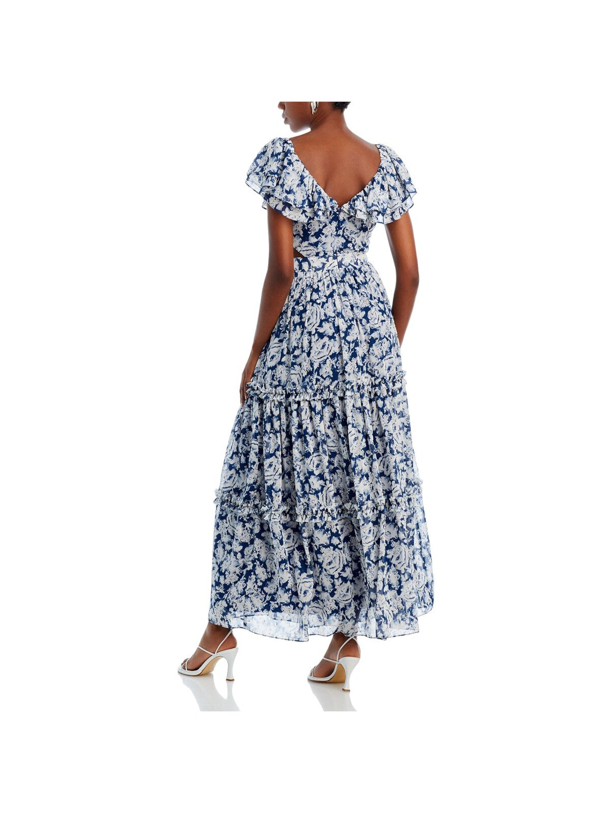 AQUA Womens Navy Cut Out Zippered Gathered Ruffle Tiered Skirt Floral Flutter Sleeve V Neck Maxi Party Fit + Flare Dress XS