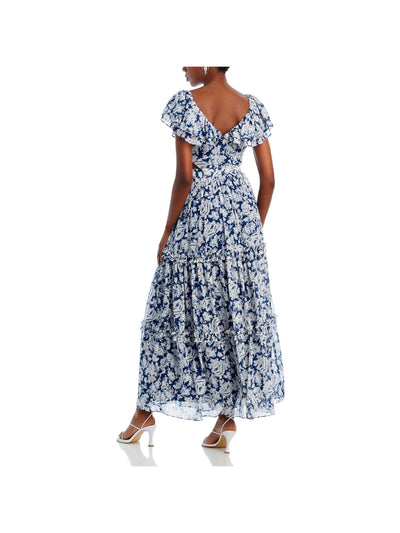 AQUA Womens Cut Out Flutter Sleeve V Neck Maxi Party Fit + Flare Dress