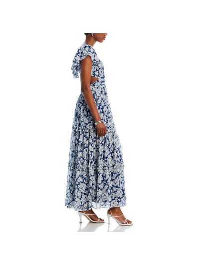 AQUA Womens Cut Out Flutter Sleeve V Neck Maxi Party Fit + Flare Dress