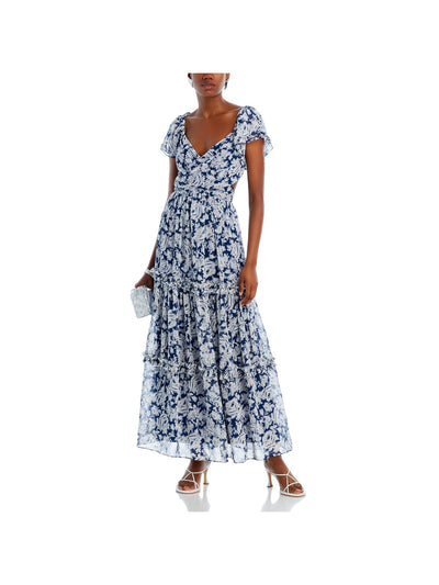 AQUA Womens Cut Out Flutter Sleeve V Neck Maxi Party Fit + Flare Dress