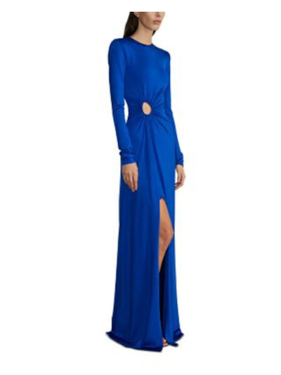 ET OCHS Womens Blue Cut Out Gathered Zippered Extended Slit Long Sleeve Round Neck Full-Length Party Sheath Dress 0