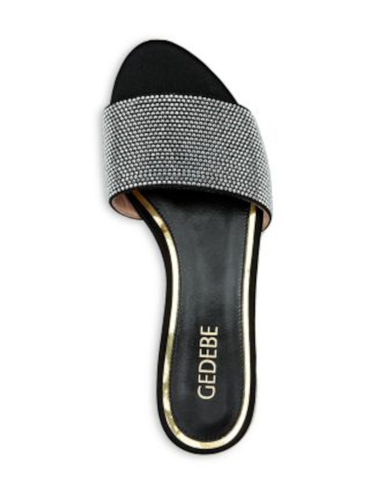 GEDEBE Womens Black Gold Tone Accent Rhinestone Padded Cassis Round Toe Slip On Dress Slide Sandals Shoes 37