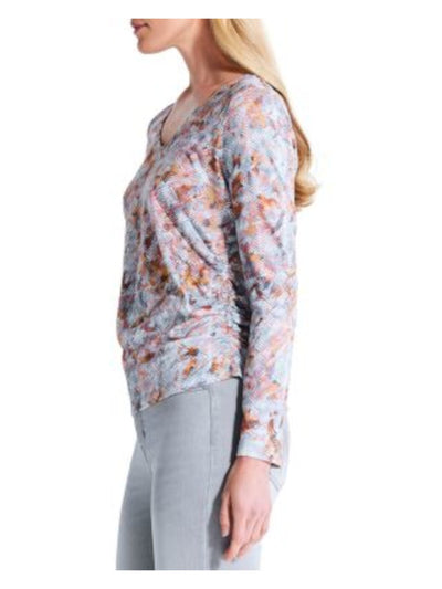 NIC+ZOE Womens White Cotton Printed Long Sleeve V Neck Top M