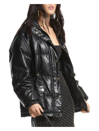 MICHAEL MICHAEL KORS Womens Black Zippered Pocketed Logo Buttons Cinch Waist Logo Ha Puffer Winter Jacket Coat XXS