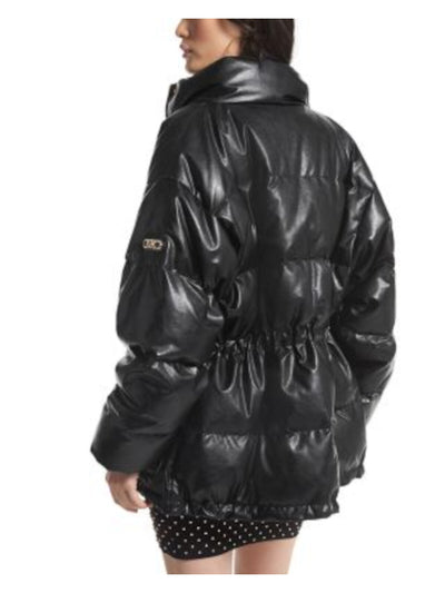 MICHAEL MICHAEL KORS Womens Black Zippered Pocketed Logo Buttons Cinch Waist Logo Ha Puffer Winter Jacket Coat XS