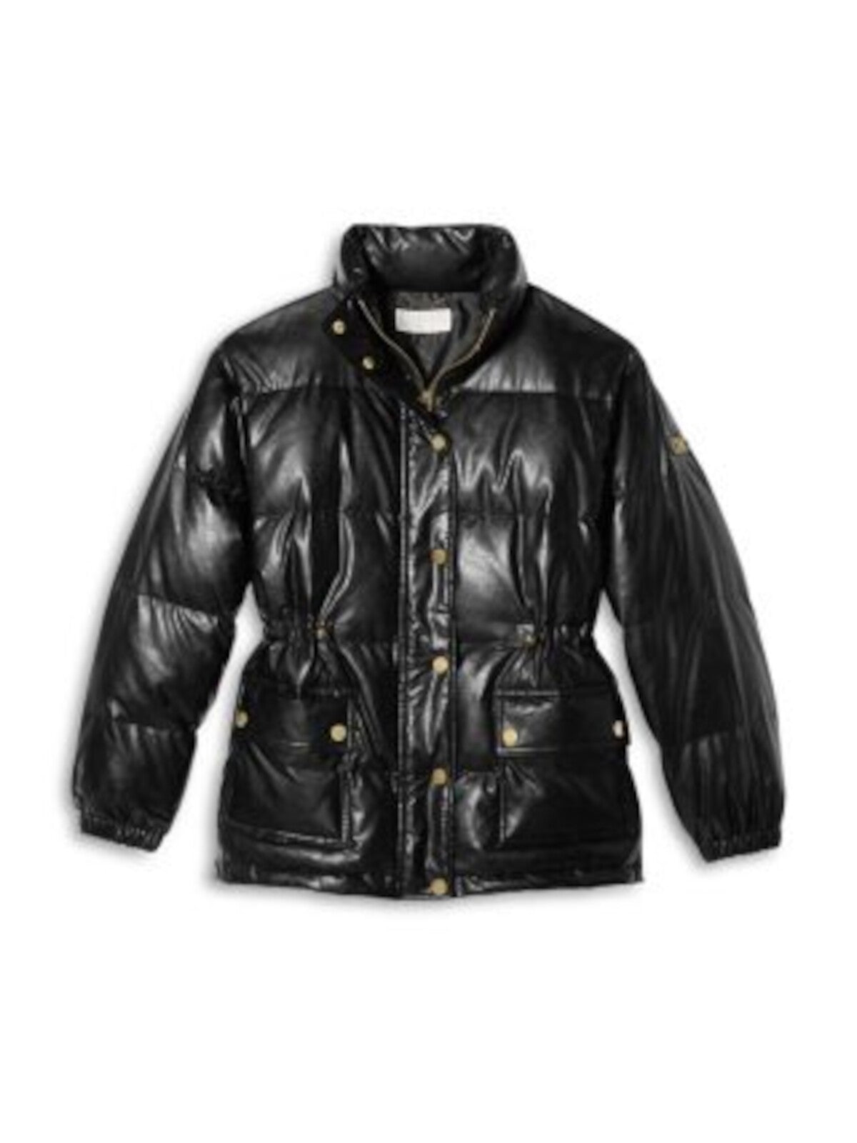 MICHAEL MICHAEL KORS Womens Black Zippered Pocketed Logo Buttons Cinch Waist Logo Ha Puffer Winter Jacket Coat XXS